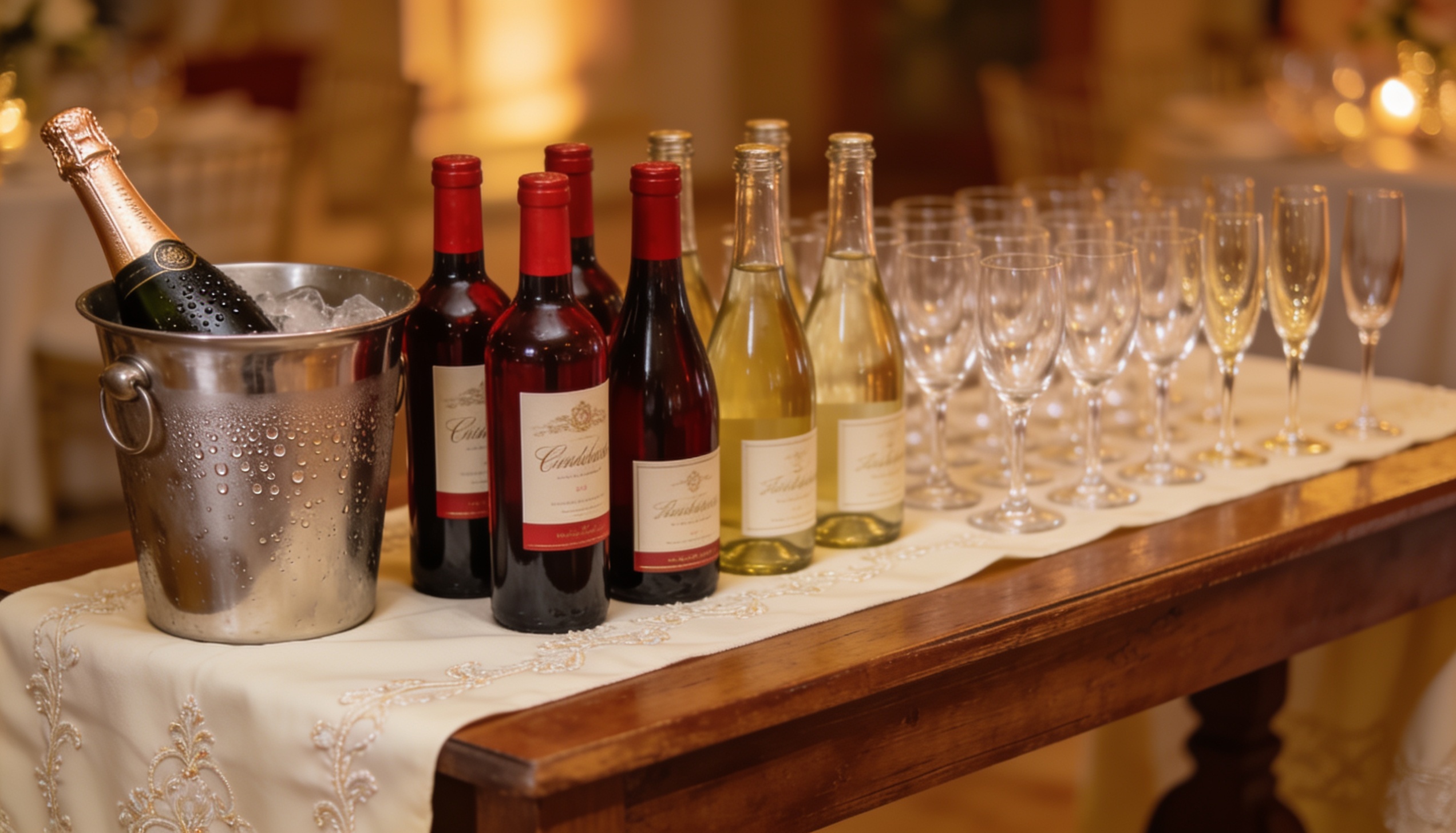 Stół z alkoholem na weselu: wino, szampan i kieliszki